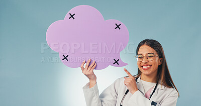 Buy stock photo Medical, portrait or doctor with speech bubble, treatment chat or pointing on wellness info. Social media, woman or gp with poster mockup, recovery feedback or health insight on studio background.