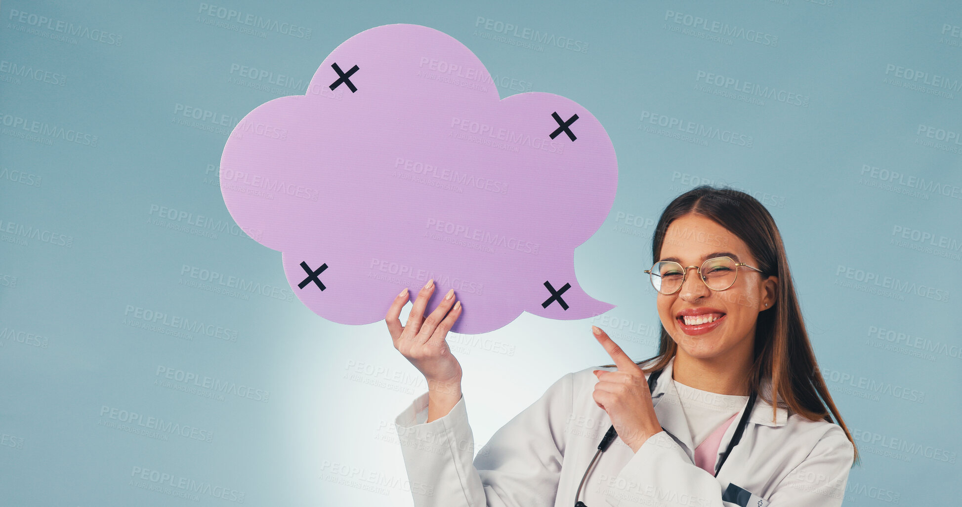 Buy stock photo Medical, portrait or doctor with speech bubble, treatment chat or pointing on wellness info. Social media, woman or gp with poster mockup, recovery feedback or health insight on studio background.