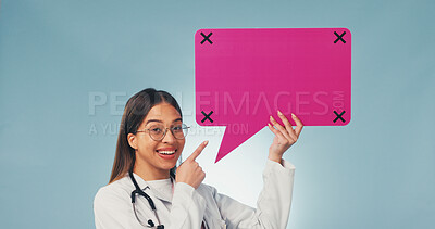 Buy stock photo Medical, portrait or woman with speech bubble, treatment chat or pointing on wellness info. Social media, happy or doctor with poster mockup, recovery feedback or health insight on studio background.