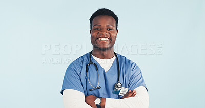 Buy stock photo Healthcare, nurse and happy man in studio with confidence, portrait and space on background. Black person, arms crossed and medical worker with career integrity, about us and pride for wellness