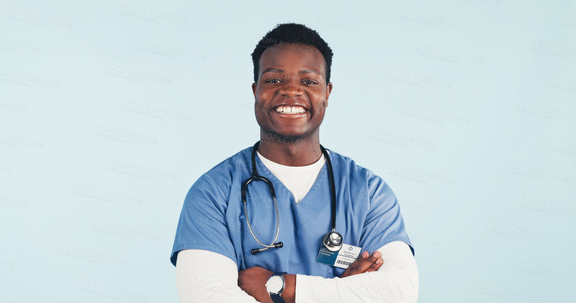 Buy stock photo Healthcare, nurse and happy man in studio with confidence, portrait and space on background. Black person, arms crossed and medical worker with career integrity, about us and pride for wellness