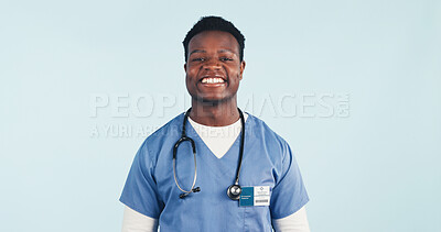 Buy stock photo Healthcare, nurse and happy man in studio with portrait, job satisfaction and space on background. Black person, smile or medical worker with career integrity, about us or pride for wellness in Kenya