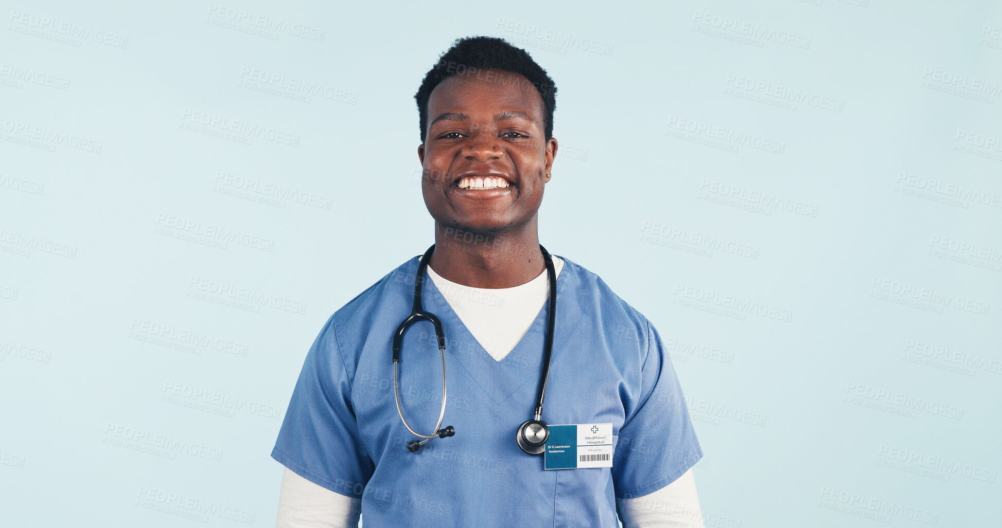 Buy stock photo Healthcare, nurse and happy man in studio with portrait, job satisfaction and space on background. Black person, smile or medical worker with career integrity, about us or pride for wellness in Kenya