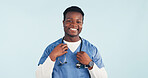Healthcare, nurse and happy man in studio with stethoscope, heart wellness and space on background. Black person, smile or medical worker with cardiology equipment, about us or pride with portrait