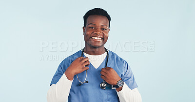 Buy stock photo Healthcare, nurse and happy man in studio with stethoscope, heart wellness and space on background. Black person, smile or medical worker with cardiology equipment, about us or pride with portrait