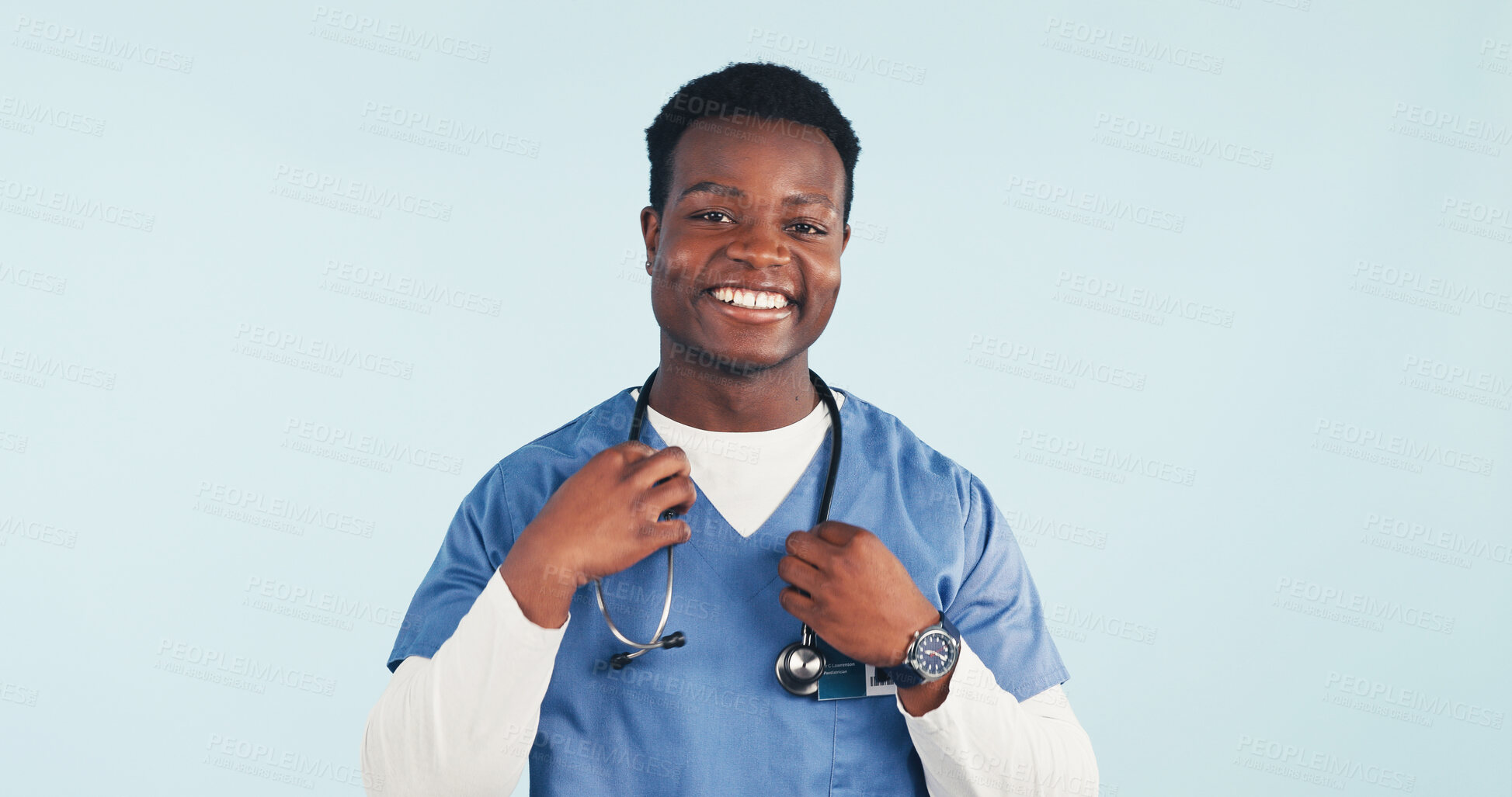 Buy stock photo Healthcare, nurse and happy man in studio with stethoscope, heart wellness and space on background. Black person, smile or medical worker with cardiology equipment, about us or pride with portrait