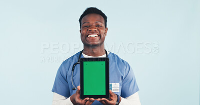 Buy stock photo Green screen, nurse or man with tablet, healthcare advertising or telehealth on background. Happy black person, tech or medical worker with display for mockup space, marketing or portrait in studio
