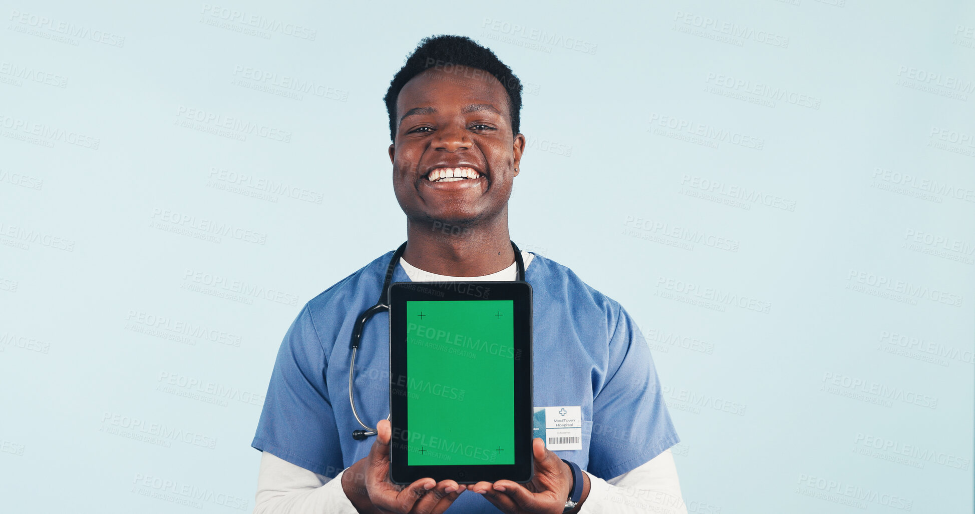 Buy stock photo Green screen, nurse or man with tablet, healthcare advertising or telehealth on background. Happy black person, tech or medical worker with display for mockup space, marketing or portrait in studio