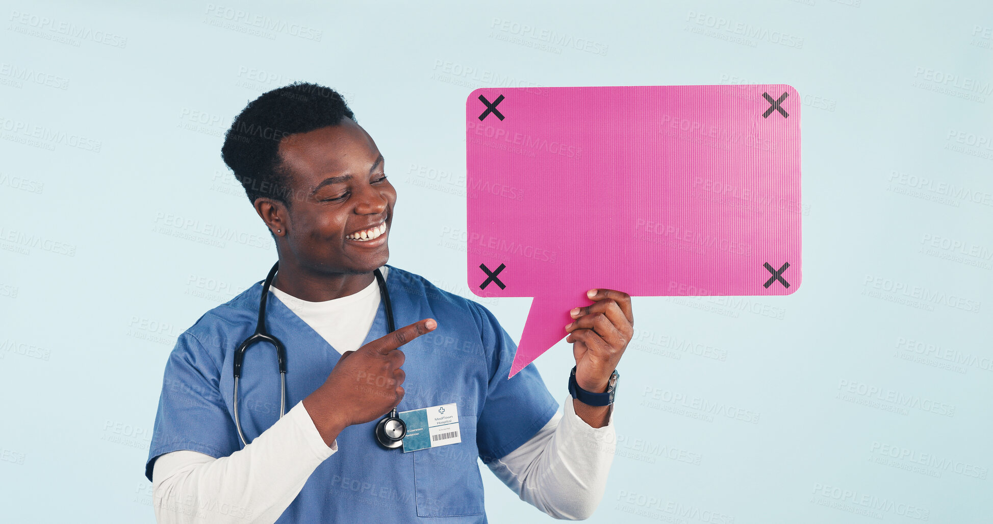 Buy stock photo Medical, portrait or black man with speech bubble, treatment chat or pointing on wellness info. Happy, mockup or doctor with statement poster, recovery feedback or health insight on studio background