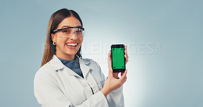 Buy stock photo Green screen, science and phone with portrait of woman in studio for research, medical app and mockup. Smile, healthcare portal and space with person on white background for biotechnology innovation
