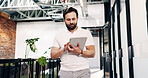 Man, walk and scroll in office with tablet, reading business sustainability report and online research. Person, review carbon footprint audit and browsing in hallway with tech, internet and website.