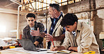 Carpentry, team and laptop in warehouse for planning, project management and help for apprentice. Men, tech and discussion in woodworking factory for collaboration, tips and productivity with flare