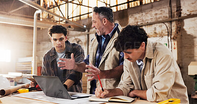 Buy stock photo Carpentry, team and laptop in warehouse for planning, project management and help for apprentice. Men, tech and discussion in woodworking factory for collaboration, tips and productivity with agenda