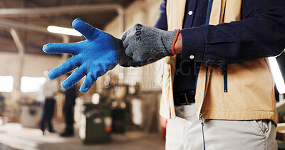 Buy stock photo Hands, gloves and worker in workshop for carpentry, labor and PPE with preparing for woodworking. Carpenter person, protective gear and ready for joinery project, compliance and safety on the job