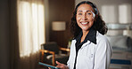 Medical, portrait or doctor in hospital with tablet, clinical service or pride as physician. Happy, tech or mature woman with confidence, general practitioner or about us in healthcare industry.