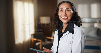 Buy stock photo Medical, portrait or doctor in hospital with tablet, clinical service or pride as physician. Happy, tech or mature woman with confidence, general practitioner or about us in healthcare industry.