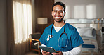 Nurse, man and portrait with tablet in hospital for online schedule, planning and medical research. Happy person, tech and Telehealth app for healthcare, surgery information and advice on website