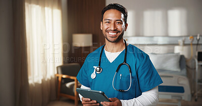 Buy stock photo Nurse, man and portrait with tablet in hospital for online schedule, planning and medical research. Happy person, tech and telehealth app for healthcare, surgery information and advice on website