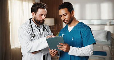 Buy stock photo Doctor, nurse and meeting in clinic with tablet, medical research or problem solving for diagnosis. Healthcare worker, people and review patient test results in hospital with tech, advice or planning