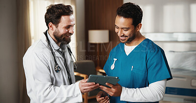Buy stock photo Happy, nurse and doctor in hospital with tablet, medical research and satisfaction for test results. Healthcare worker, people and review in clinic with tech, good news or smile for patient diagnosis
