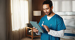 Doctor, man and tablet in hospital with internet for schedule, planning and medical research. Happy person, technology and Telehealth app for healthcare, online information and advice on website