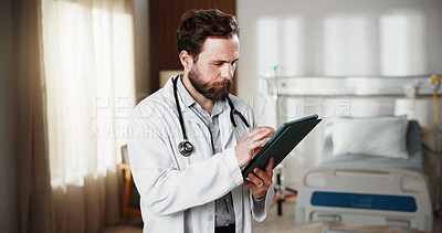 Buy stock photo Doctor, man and healthcare in hospital with tablet for schedule, planning and medical research. Serious person, technology and telehealth app with internet, online information and advice on website