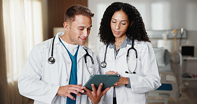 Buy stock photo Healthcare, results and tablet with doctors in hospital together for advice, discussion or feedback. App, review and teamwork with happy medical people in clinic for help, support or wellness