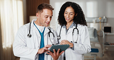 Buy stock photo Medical, smile and tablet with doctors in hospital together for advice, discussion or feedback. App, collaboration and review with happy healthcare people in clinic for help, support or wellness