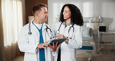 Buy stock photo Healthcare, laughing and tablet with doctors in hospital together for advice, discussion or feedback. App, collaboration and funny with medical people in clinic for help, support or wellness review