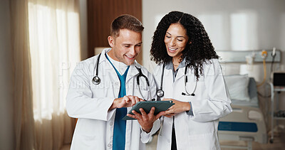 Buy stock photo Pointing, smile and tablet with doctors in hospital together for advice, discussion or feedback. App, collaboration and healthcare with happy medical people in clinic for help, support or wellness