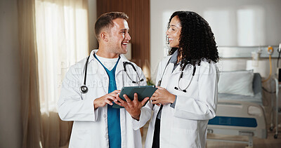 Buy stock photo Smile, tablet and teamwork with doctors in hospital together for advice, discussion or feedback. App, digital review and healthcare with happy medical people in clinic for help, support or wellness