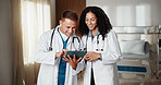 Healthcare, smile and tablet with doctors in hospital together for advice, discussion or feedback. App, collaboration and review with happy medical people in clinic for help, support or wellness