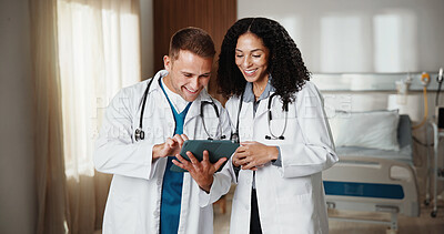 Buy stock photo Healthcare, smile and tablet with doctors in hospital together for advice, discussion or feedback. App, collaboration and review with happy medical people in clinic for help, support or wellness