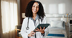 Doctor, woman and portrait with tablet in hospital with internet for schedule, planning and medical research. African person, tech and Telehealth app for healthcare, information and advice on website