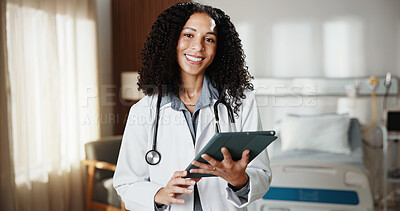 Buy stock photo Doctor, woman and portrait with tablet in hospital with internet for schedule, planning and medical research. African person, tech and telehealth app for healthcare, information and advice on website