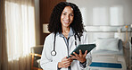 Doctor, woman and portrait with tablet in hospital room with internet, feedback and medical research. African person, tech and Telehealth app for healthcare, information and review on website