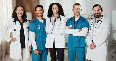 Buy stock photo Healthcare, portrait and doctors in hospital with nurses, medical team and arms crossed with integrity. People, confident and employees in clinic for service, medicare about us and happy in group