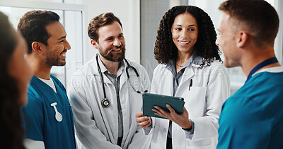 Buy stock photo Doctor, nurse or staff meeting in hospital with tablet, research or teamwork for medical case study. Happy, healthcare worker or people in clinic with tech, advice or discussion for patient diagnosis