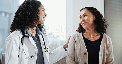 Buy stock photo Medical, happy woman and doctor support in clinic for health progress, follow up or results. Talk, mature patient or professional with optimism for healthcare recovery, treatment success or good news