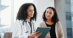Clinic, patient and doctor with tablet, appointment and explaining medical diagnosis and healthcare. Hospital, health professional and happy women with technology, checkup and reading test results