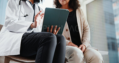 Buy stock photo Healthcare, patient and doctor with tablet, hands and explaining medical diagnosis or report on web. Hospital, health professional and women with technology, consultation and reading test results