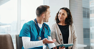 Buy stock photo Clinic, patient and nurse with tablet, discussion and explaining medical diagnosis and report on web. Hospital, healthcare professional and happy people with technology, consultation and test results