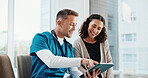 Clinic, patient and nurse with tablet, appointment and explaining medical diagnosis or report on web. Hospital, healthcare professional and happy people with technology, consultation and test results
