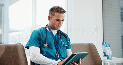 Buy stock photo Research, man and nurse with tablet in hospital for telehealth, service or medical advice. Digital technology, reading and healthcare worker with online consultation, contact or patient report.