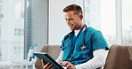 Happy, man and nurse with tablet in hospital for telehealth, service or medical advice. Digital technology, reading and healthcare worker with online consultation, research or patient report.