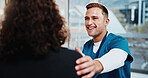 Comfort, happy and nurse with woman in hospital for medical treatment, recovery or checkup. Smile, consultation and healthcare worker with hand on shoulder of patient for support or advice in clinic.