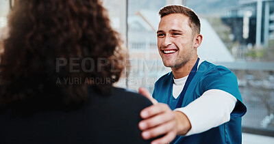 Buy stock photo Support, happy and nurse with woman in hospital for medical treatment, recovery or checkup. Smile, help and healthcare worker with hand on shoulder of patient for good news or advice in clinic.