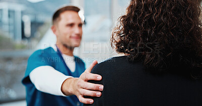 Buy stock photo Comfort, hand and nurse with woman in hospital for medical treatment, recovery or checkup. Empathy, consultation and healthcare worker with patient for support or advice in discussion at clinic.
