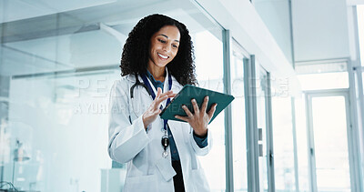 Buy stock photo Healthcare, scrolling and tablet with happy doctor in hospital for review of feedback or information. App, reading and smile with woman in clinic for diagnosis or research as medical professional