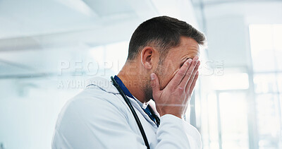 Buy stock photo Man, doctor and headache in hospital with grief, fatigue or frustrated with bad news mistake. Mental health, sad physician and medical person with anxiety for stress, loss or failed surgery in clinic